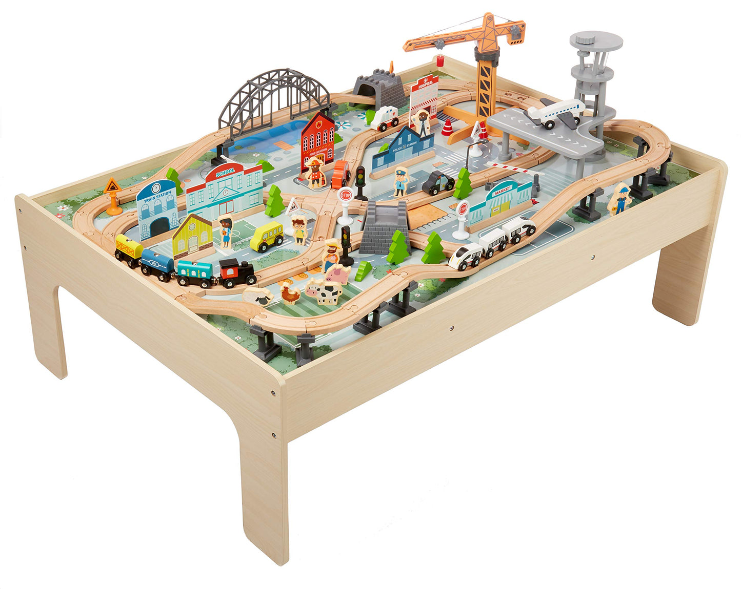 Amazon Basics 120-Piece Wooden Train Set with Table, Multi-Activity, 47.4 x 33.46 x 16.14 inches, Storage Bin, Model 838385