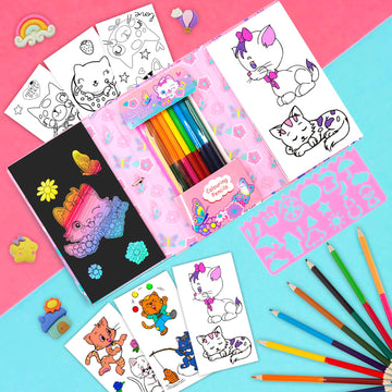 Cat Coloring Book Set With Coloring Pages & Colored Pencils, Art Supplies For Kids Ages 4-6-8, Arts Crafts Travel Coloring Kit For Girls 4 5 6 7 8 Year Old Birthday Gift