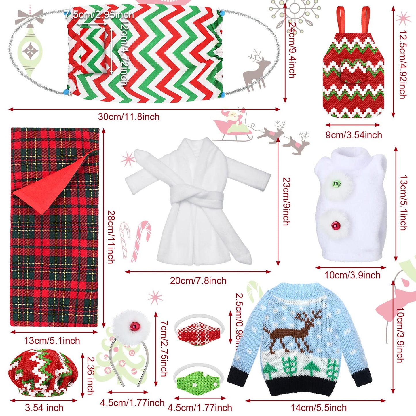 Aoriher 10 Pcs Christmas Elf Doll Accessories Set Includes Elf Doll Clothes Kit Doll Sleeping Bag Bathrobe Apron Chef Hat Hammock Elf Doll Mask For Xmas Elf Doll Costume Outfits(Deer)