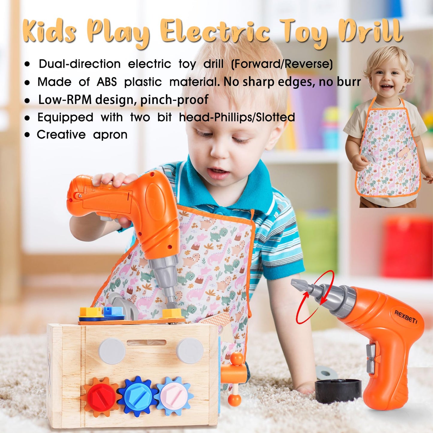 Rexbeti Kids Tool Set, 43Pcs Wooden Toddler Tool Bench With Electric Drill, Apron And A Pack Stickers(50Pcs), Montessori Constru