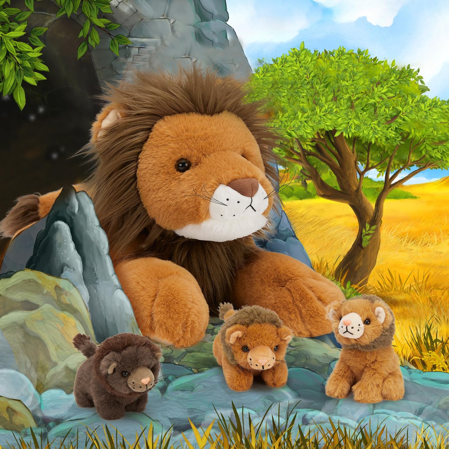 Maogolan Lion Stuffed Animal Set,Big Lion Plush With 3 Babies Inside,4 Pcs Stuffed Lion Toy For Kids,Birthday Decor
