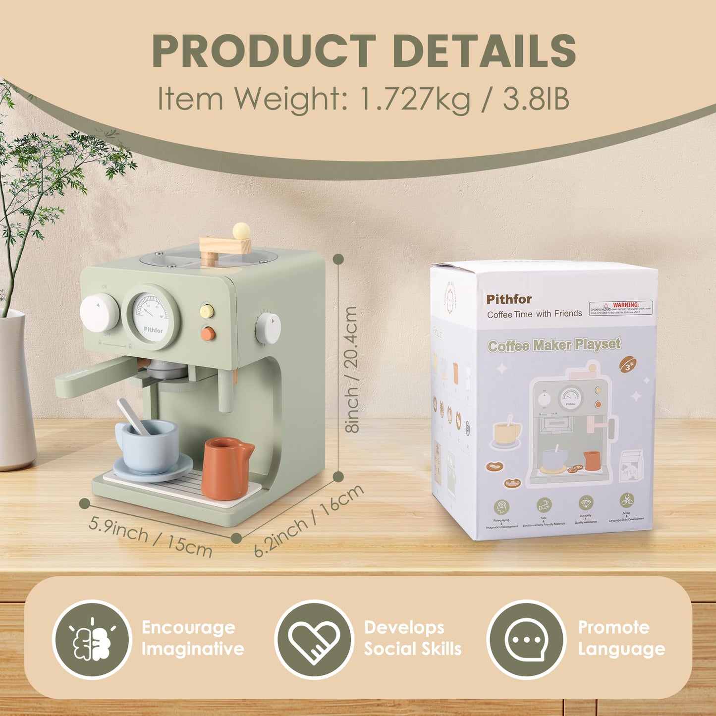 Pithfor Kids Wooden Coffee Maker Toy with Grinder, Pretend Play Kitchen Appliances & Accessories Toy Gift for Kids Toddlers Boys