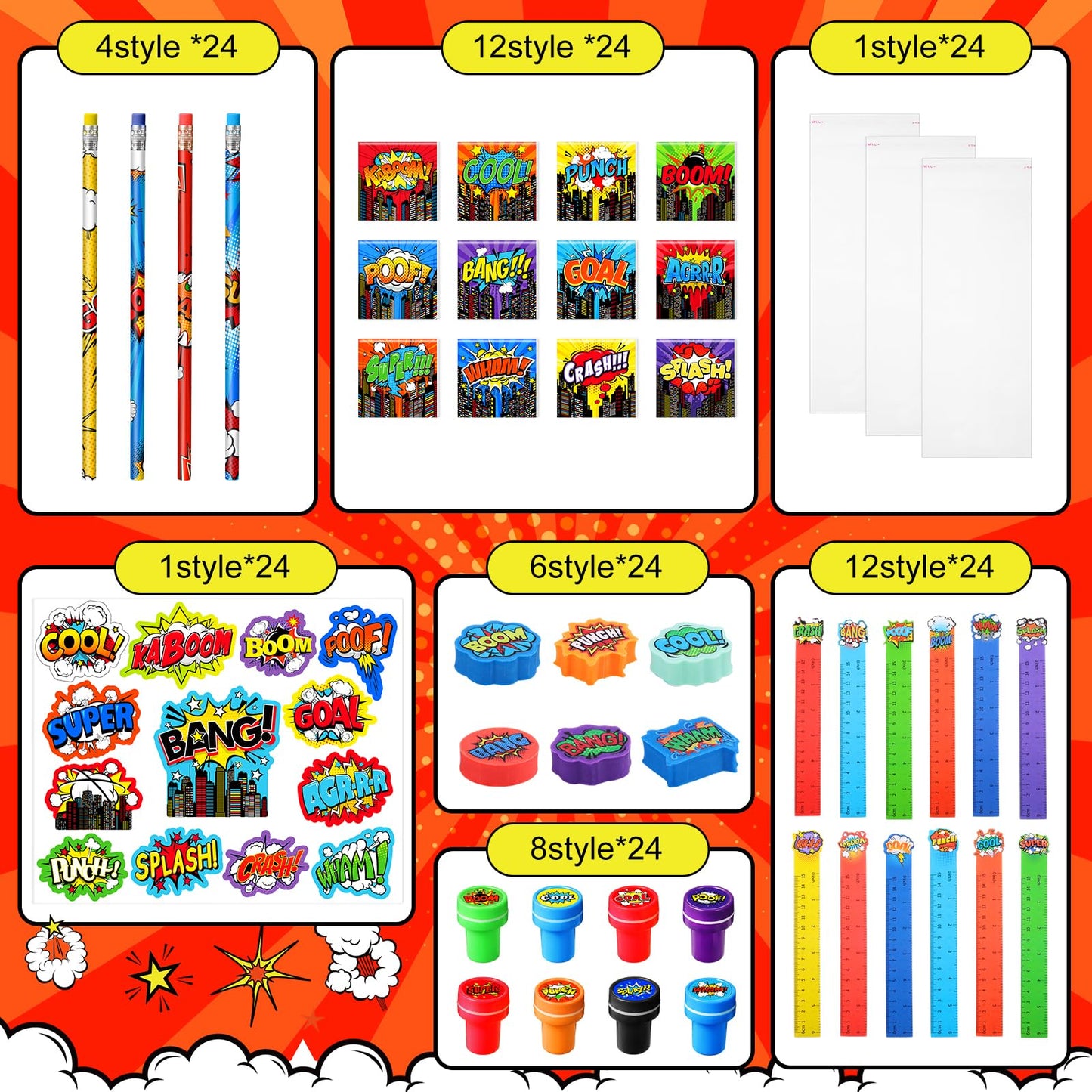 Cholemy 168 Pcs Hero Party Favor Set Include Hero Birthday Mini Notebook Hero Theme Sticker Pencil Stamper Ruler Eraser for Hero