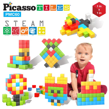 Picassotiles 60 Pieces 1'' Magnetic Building Blocks, 3D Construction Cubes Magnet Sensory Toys Gifts With Free Idea Book For Kid