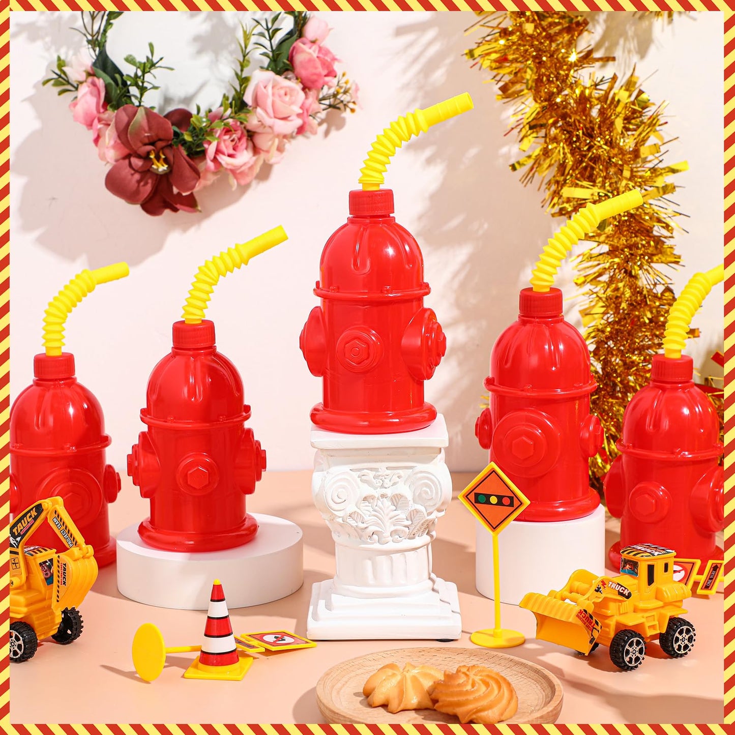 Panitay 24 Pcs 10oz Straw Fire Hydrant Cups with Lids Plastic Firefighter Patrol Party Favors Reusable Red Fire Truck Cup Decora