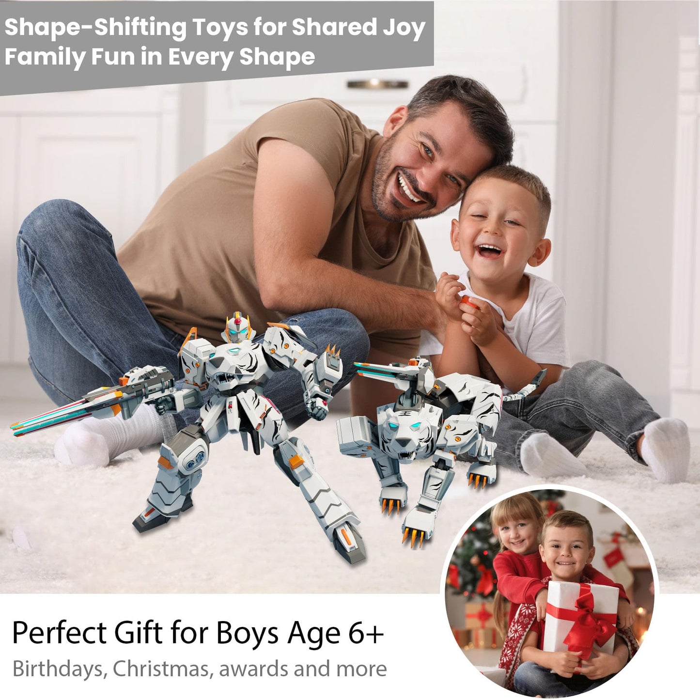 GAGINAN White Tiger Warrior Turn into Robot Toy, Sagacious Animal Robot Action Figure, 10-inch Grey Deformation Robot Figures, D