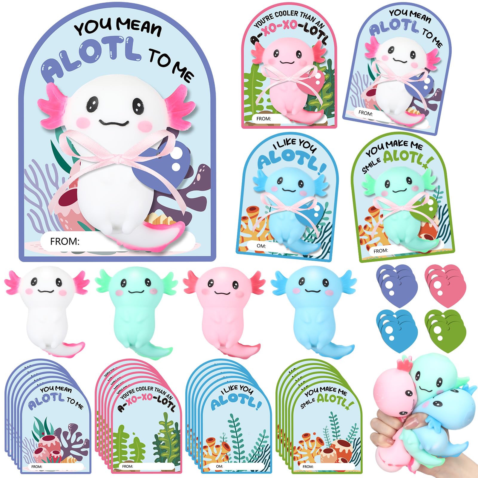 Hollowfly 12 Sets Axolotl Valentines Day Gifts Bulk Large Axolotl Stress Relief Toys with Heart Cards Opp Bags Valentine Party F