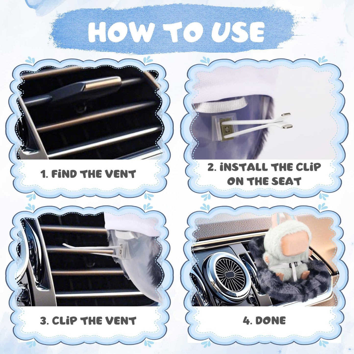 Car Seat for Dolls  Cute Safety Decorative Sofa with Soft Furry Cushion  Air Vent Clip Display Chair Stylish Car Desktop Decor for Blind Box Toys & Collectible Dolls (Blue Gray Leopard)