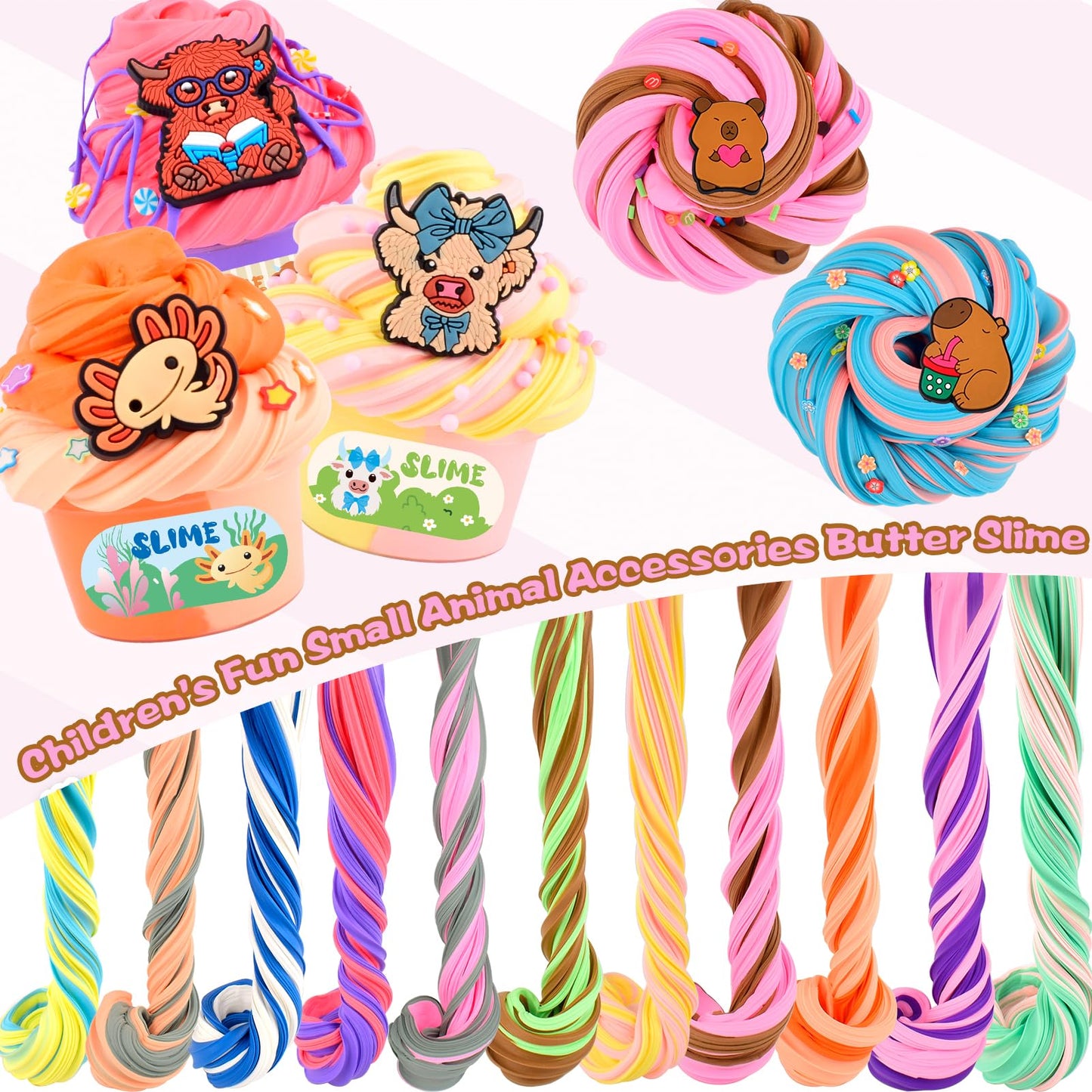 Wujyly 24 Pack Slime Kit - Soft & Non-Sticky Butter, Cloud & Crystal Slime - 12 Axolotl, 6 Highland Cow, 6 Capybara Charms - Diy