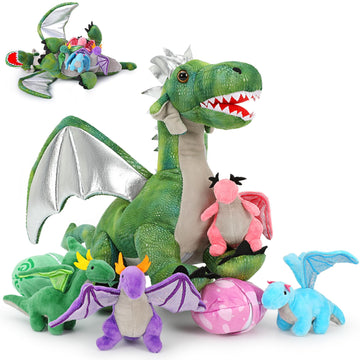 Tezituor 7 Pcs Dragon Stuffed Animals, 22'' Mommy Dragon Plush With 4 Baby Dragons And 2 Eggs, Stuffed Dragon Toys For Kids, Dinosaur Stuffed Animal Gifts For Boy Girl On Christmas Birthday Decoration