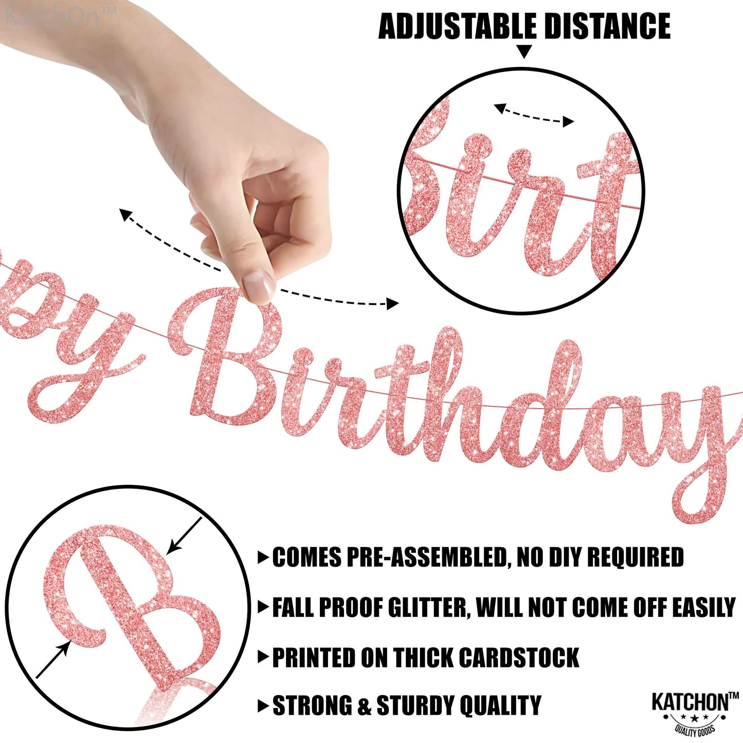 Katchon, Cursive Glitter Rose Gold Happy Birthday Banner - Pre-Strung, 10 Feet, No Diy | Rose Gold Happy Birthday Party Decorations | Happy Birthday Sign Girls | Happy Birthday Decorations For Women