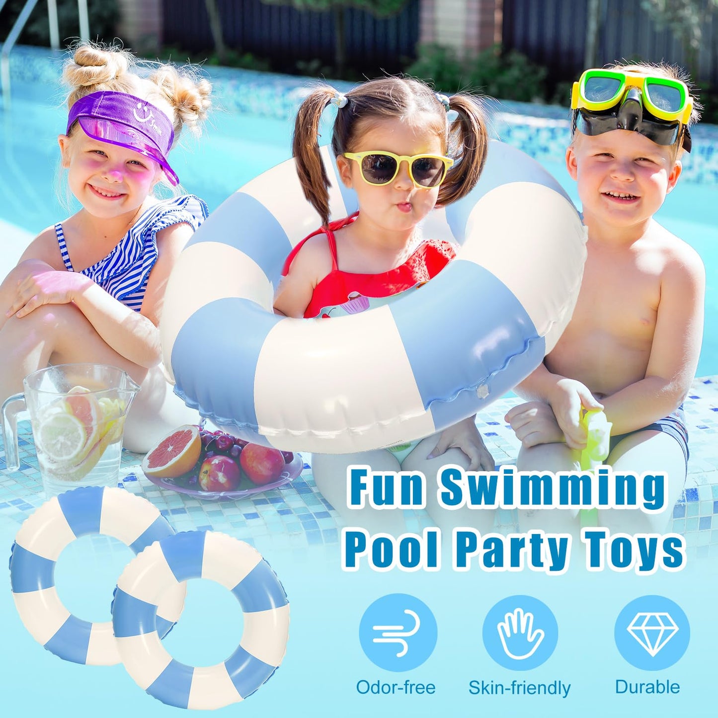 Whaline 4Pcs White Blue Inflatable Swimming Float Toys Classic Striped Swim Rings Fun Prints Pool Loungers Tube For Kids Boys Gi