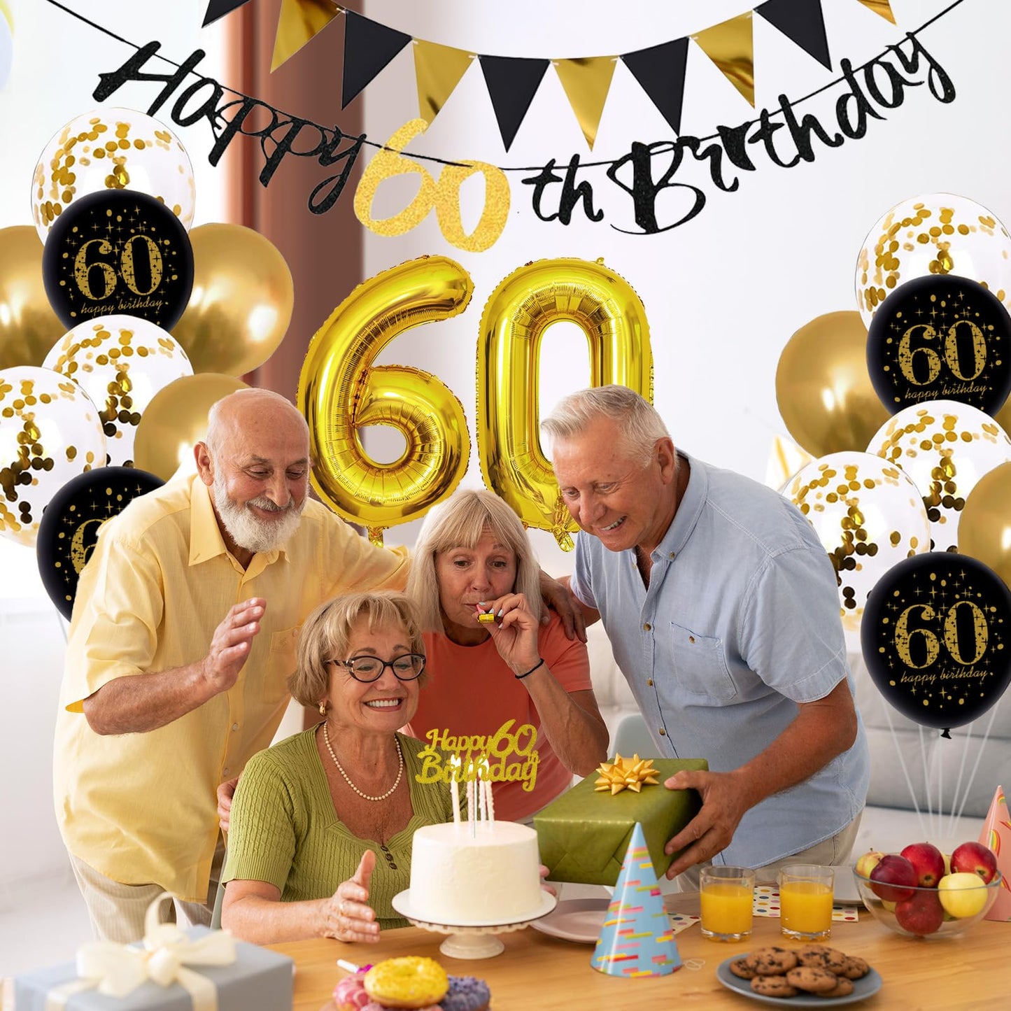 Jobkoo 60Th Birthday Decorations, Black Gold 60Th Birthday Party Decoration For Men Women Golden Black Birthday Balloons 60Th Ca