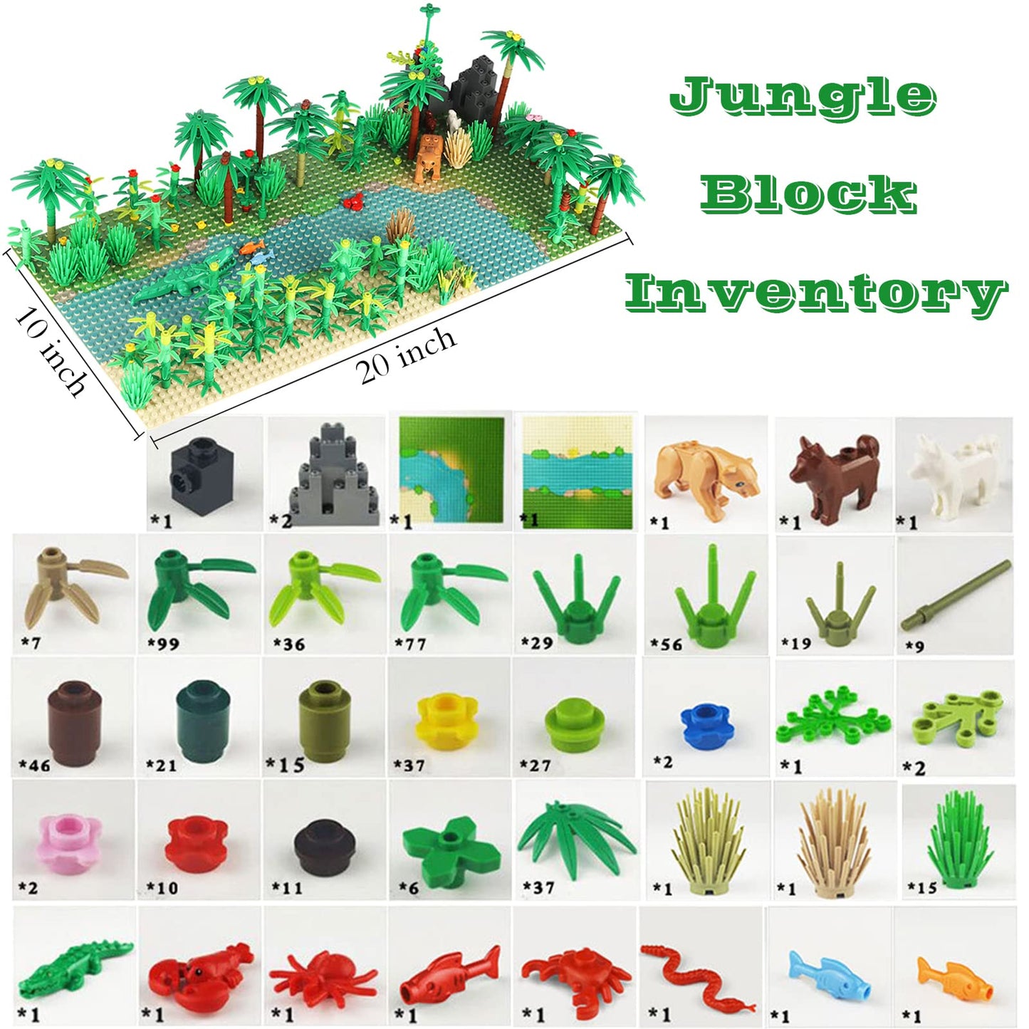 OLRMA Jungle Trees Building Bricks Set with 2 Base Plates, Multicolor Rainforest Plants & Animals Kit, Ideal for Kids & Adults