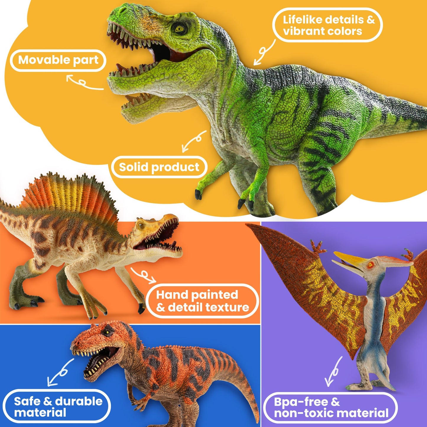 Zippytots 4 PCS Jumbo Dinosaur Toys for Kids 3-5 Realistic Dinosaur Figures with Movable Parts & Learning Cards- Big Dino Toys for Kids 5-7 Ideal Gift for Toddlers Boys Girls Ages 3+