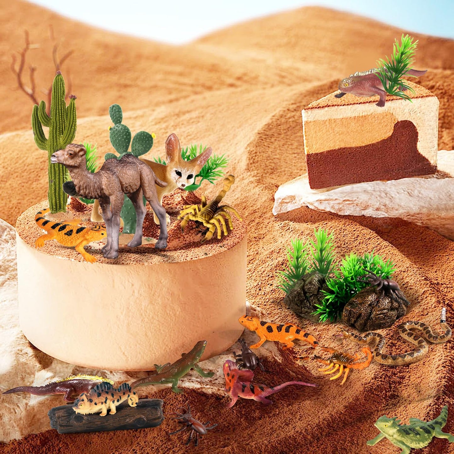 Sienon 32Pcs Desert Animal Figurines Set Model Trees Cactus Kit Desert Diorama Project With Camel Fennec Fox Rattlesnake Scorpion Lizard Reptile Toy Playset For Kids Birthday Cake Toppers Party Décor