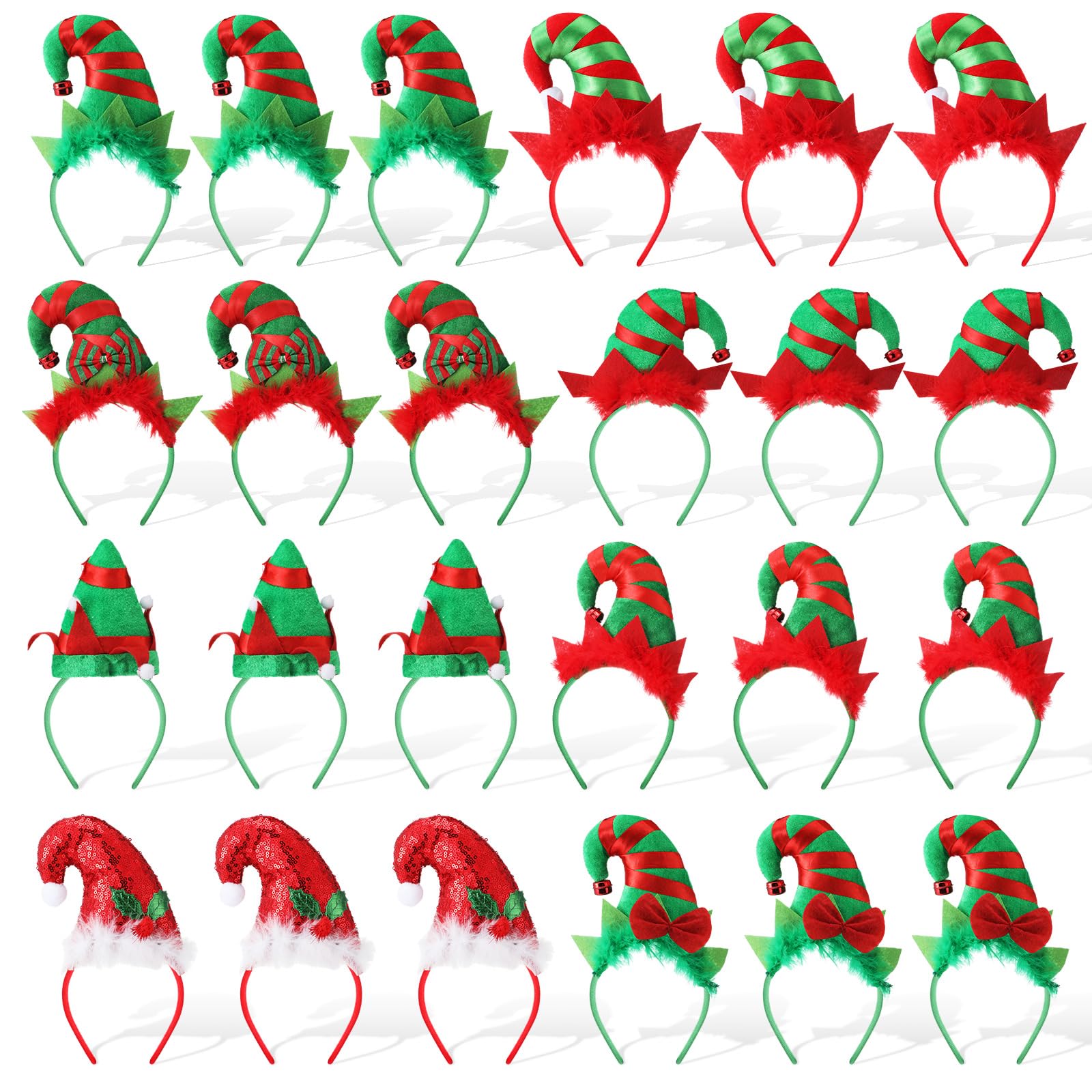 Ceenna 24 Pcs Christmas Headbands Bulk Elf Hat Hair Hoop 3D Xmas Tree Reindeer Antler Christmas Headwear for Women Men (Trendy S