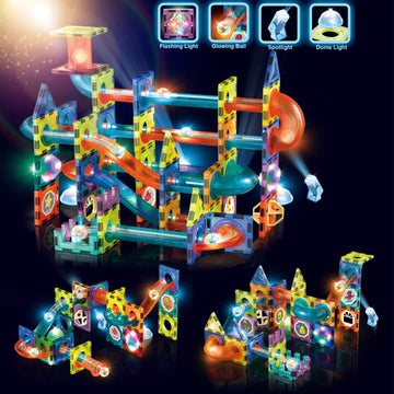 Glowing Magnetic Tiles Marble Run Race Track Super Set - 110 Complete Pieces Glow In The Dark Stem Light Magnetic Building Block