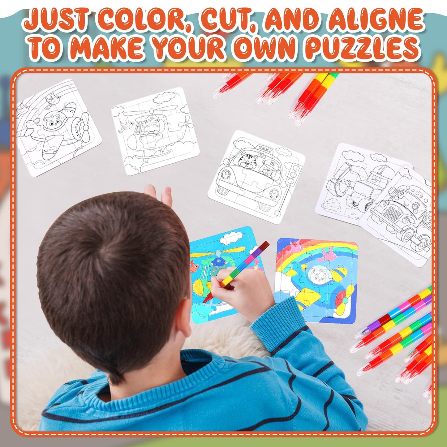 Fullhawl 12 Sets Transportation Puzzles Traffic Theme Color Your Own Puzzles DIY Construction Jigsaw Craft with 12 Stackable Crayons and 12 Bags for Construction Gifts Birthday Party Supplies(12  Car)