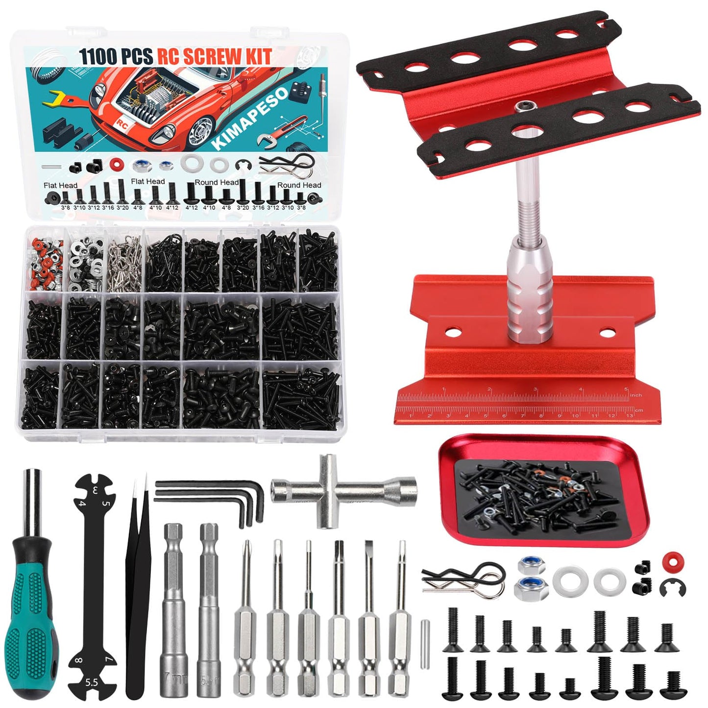 RC Car Repair Work Stand, 1100pcs RC Screw Kit and RC Screwdrivers Repair Set for Traxxas Axial Redcat Arrma HPI HSP SCX10 RC4WD