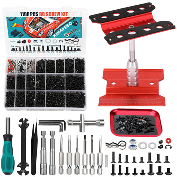 RC Car Repair Work Stand, 1100pcs RC Screw Kit and RC Screwdrivers Repair Set for Traxxas Axial Redcat Arrma HPI HSP SCX10 RC4WD