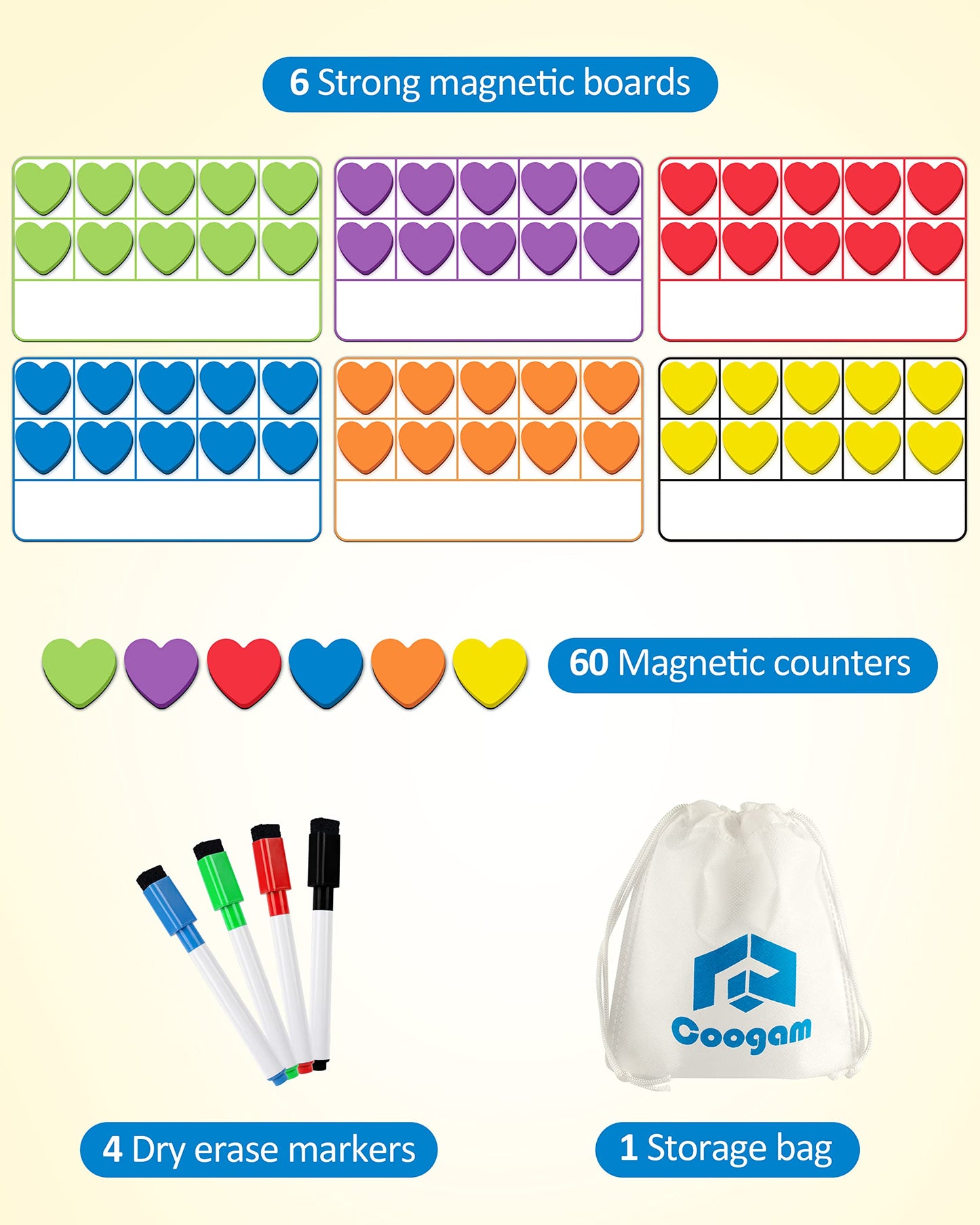 Coogam Magnetic Ten Frame Set  Math Manipulative Games for Kids with 6 Ten Frames 60 Magnetic Math Counters  Montessori Educational Toy Gift for Preschool Kindergarten 3 4 5 Year Old Toddlers