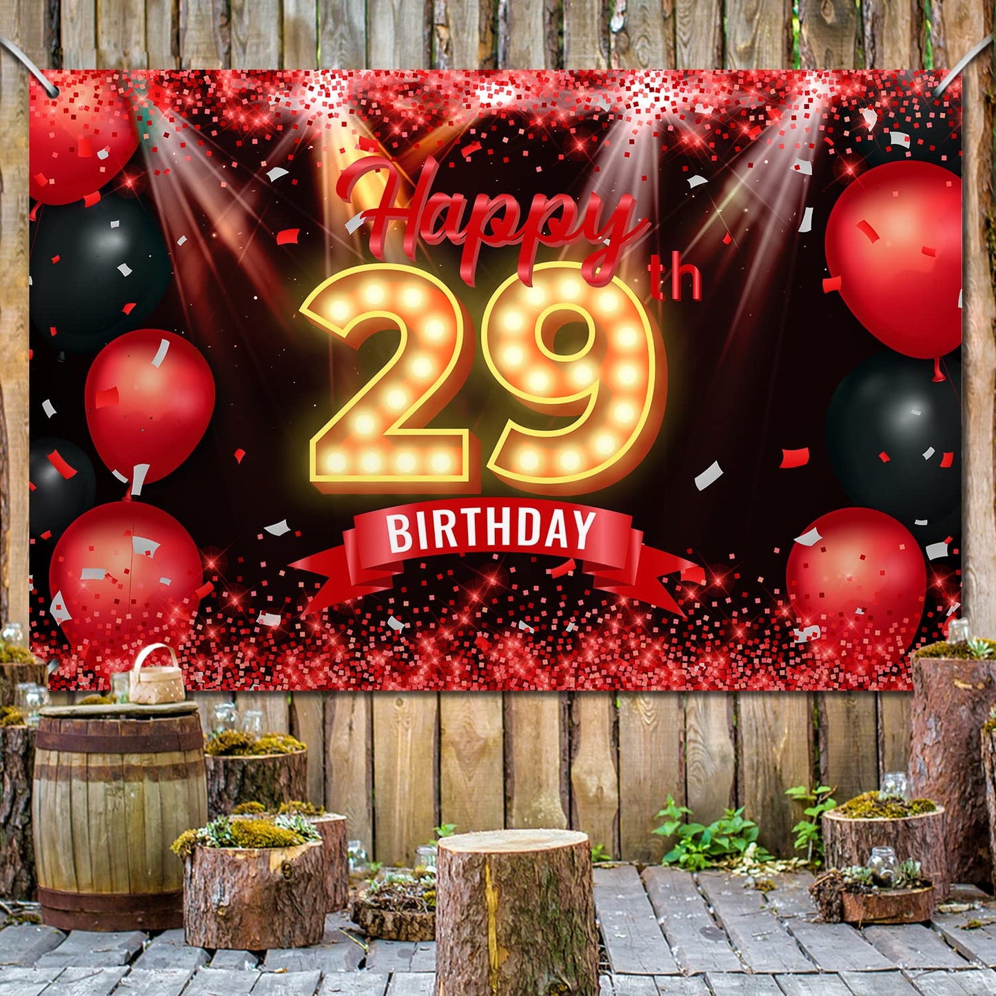 Happy 29th Birthday Banner Backdrop Red and Black 29 Years Old Background Bday Decorations for Women Men Photography Party Suppl