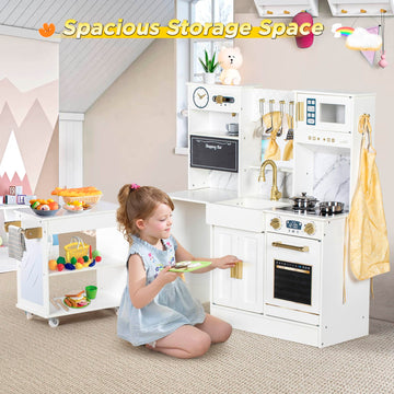 BRINJOY Kids Play Kitchen with Removable Cart, Wooden Toddler Kitchen Playset with Oven, Stove, Sink, Coffee Maker, Pretend Play