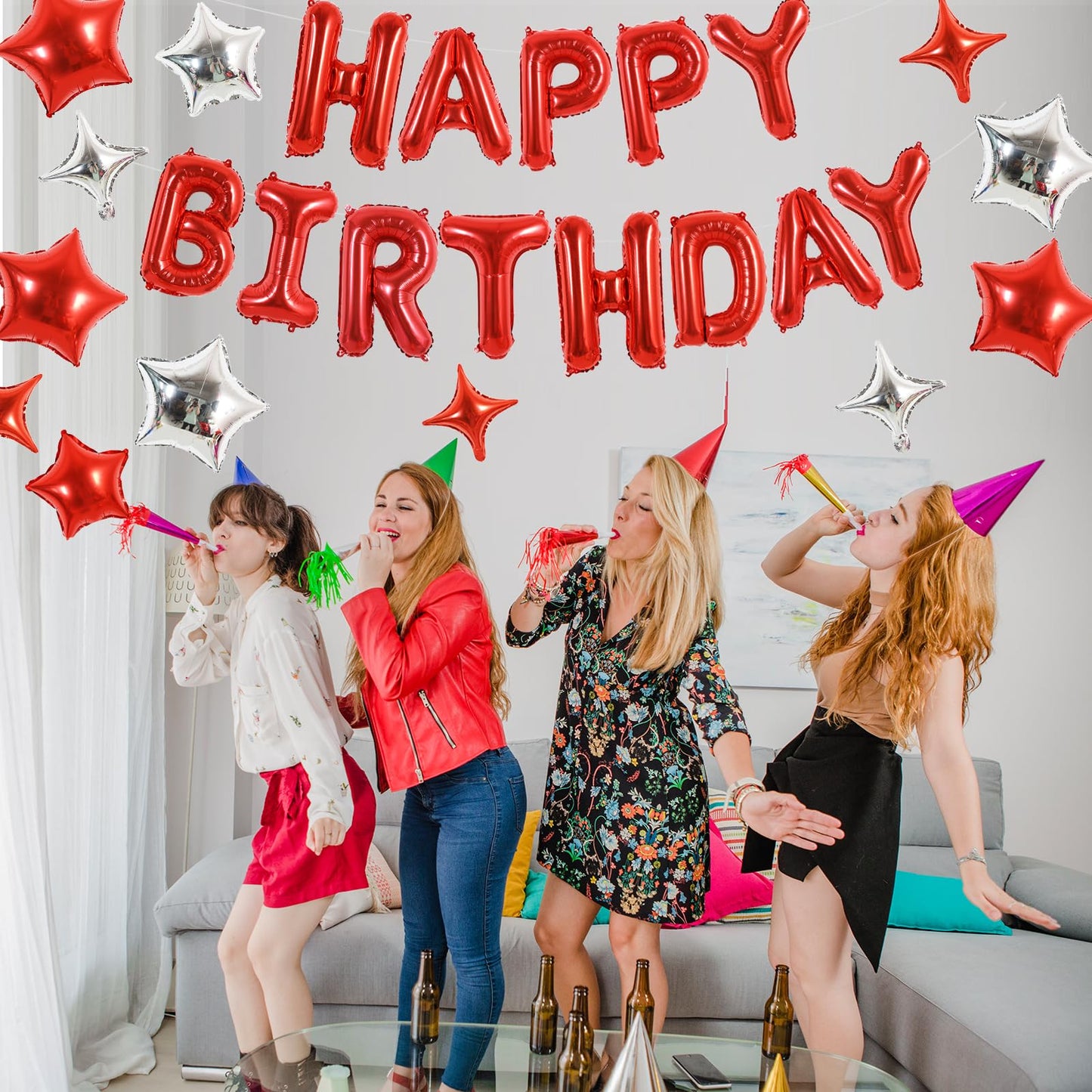 TONIFUL 35PCS Red Happy Birthday Decorations Kit, 16 Inch Aluminum Balloons, Foil Banner for Men, Women, Kids, Party Supplies