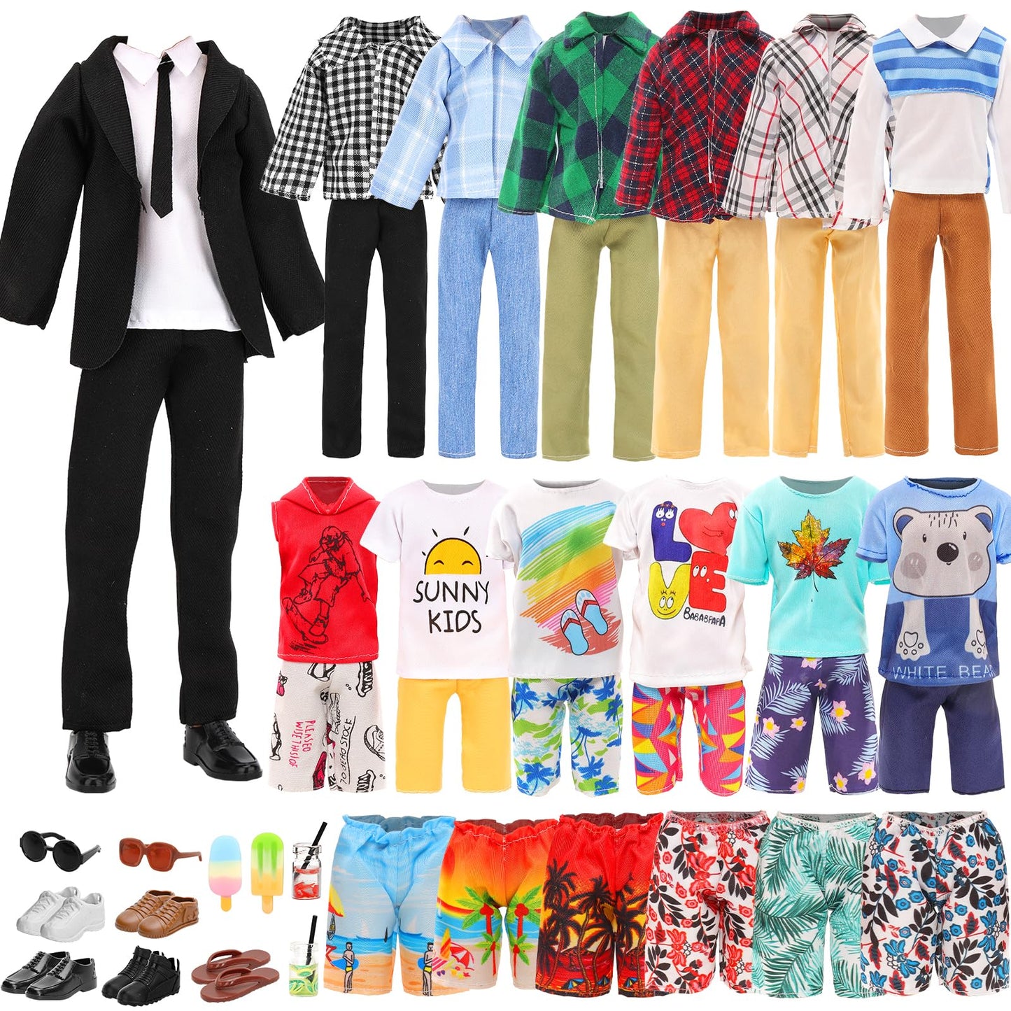 Miunana 21 PCS 11.5 Doll 5-in-1 Men's Fashion Bundle - 5 Outfits + 5 Shoes + 2 Sunglasses + 2 Ice Pops + 2 Drinks (Suit/Casual/Athletic/Swimwear) - Multi-Style Wardrobe Set for Business/Travel/Summer