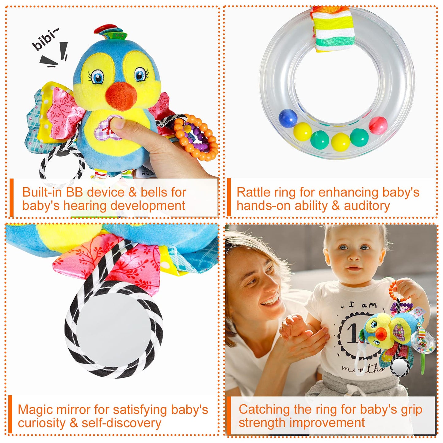 Funsland Baby Stroller Toy - Soft Plush Infant Rattle with Teether, Medium, Birdie Color, Model crwj, Suitable for 3-12 Months Boys & Girls
