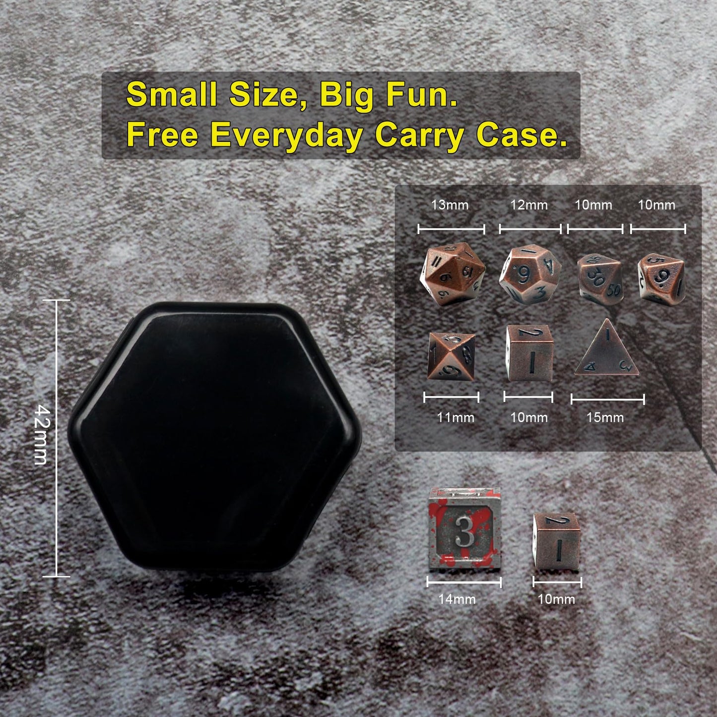 Haxtec 10mm Mini Metal Dice Set Small Metal DND Dice Set with Hexagon Pocket Dice Case Portable Antique Iron Metal Mini Dice for