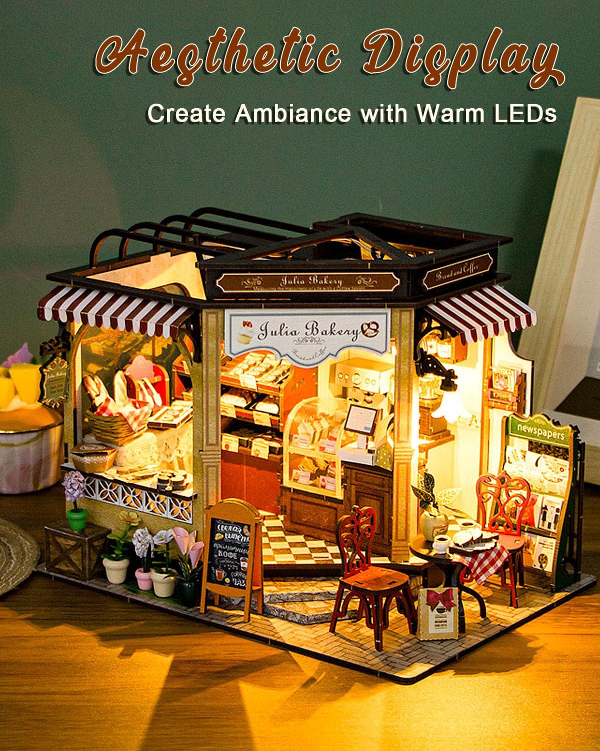 Ourmiao Miniature House Kit Julia Bakery, Diy Dollhouse Kit For Adults With Furniture & Led, Tiny House Kit Wooden Craft Gift Fo