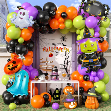 Halloween Balloon Arch Kit, 100 Pcs Purple Green Orange Halloween Balloons, Spider Pumpkin Witch Balloon Foil, Eye Black Orange
