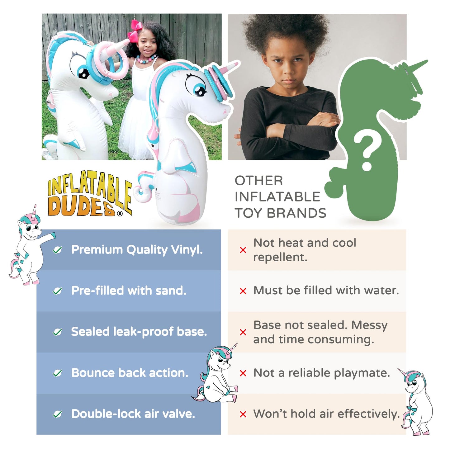 Inflatable Dudes Unicorn 47 Inches- Kids Punching Bag| Already Filled With Sand | Party Bop Bag |Ring Toss With 3 Inflatable Rings| | Ride-On Toy + Handles| Punching Bag For Kids (Unique)