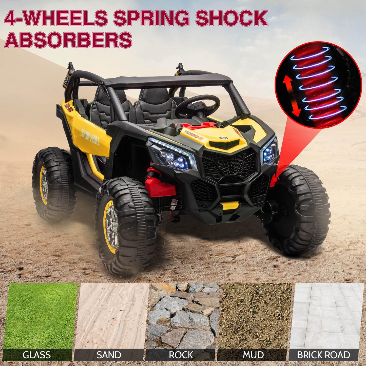 Hetoy 24V 2 Seater Kids Ride on UTV Car w/Remote Control, 4WD Powerful Electric Vehicle with 4x75W Motors, 4 Shock Absorbers, Le