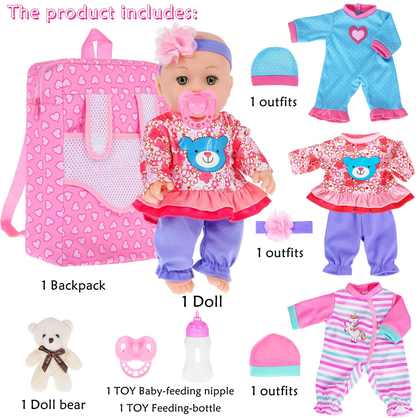 ebuddy 12 inch Baby Doll and Accessories-Reborn Baby Dolls Real Life Baby Dolls with 3 Sets Clothes,Backpack,Pacifier, Bottle