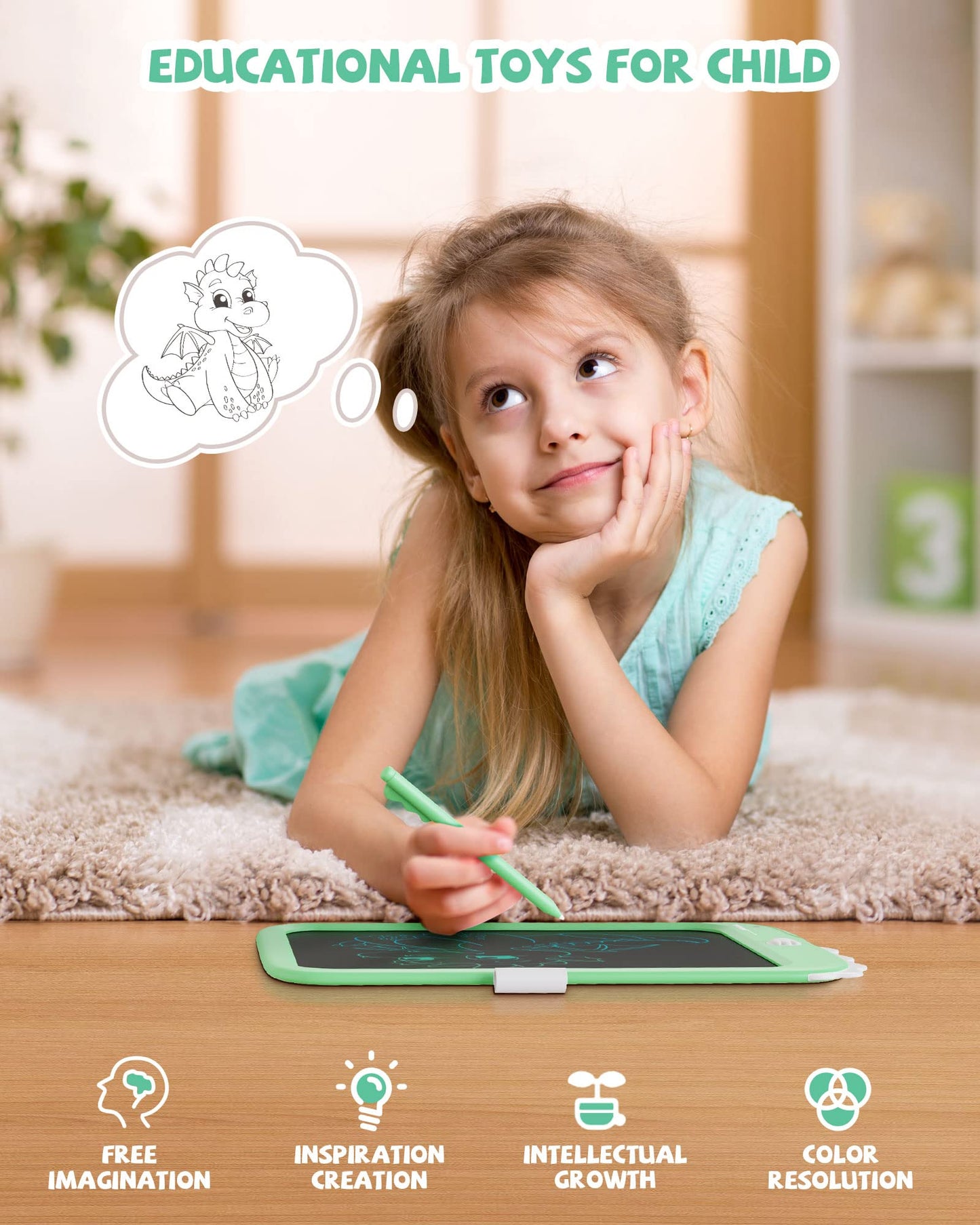 Kikapabi LCD Writing Tablet - 10" Doodle Board, Erasable, Portable, Green, Model LCD09, Educational Toy for Kids 3-6 Years Old