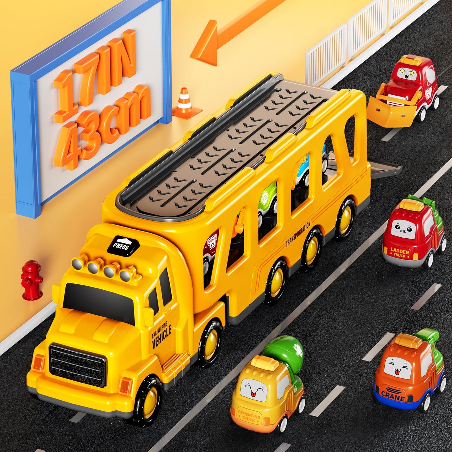 Beby Buty Boy Toddler Trucks Toys for Boys Kids, 16.9-in Longer Transport Construction Truck with 6 Cars, Car Truck Toys with Li