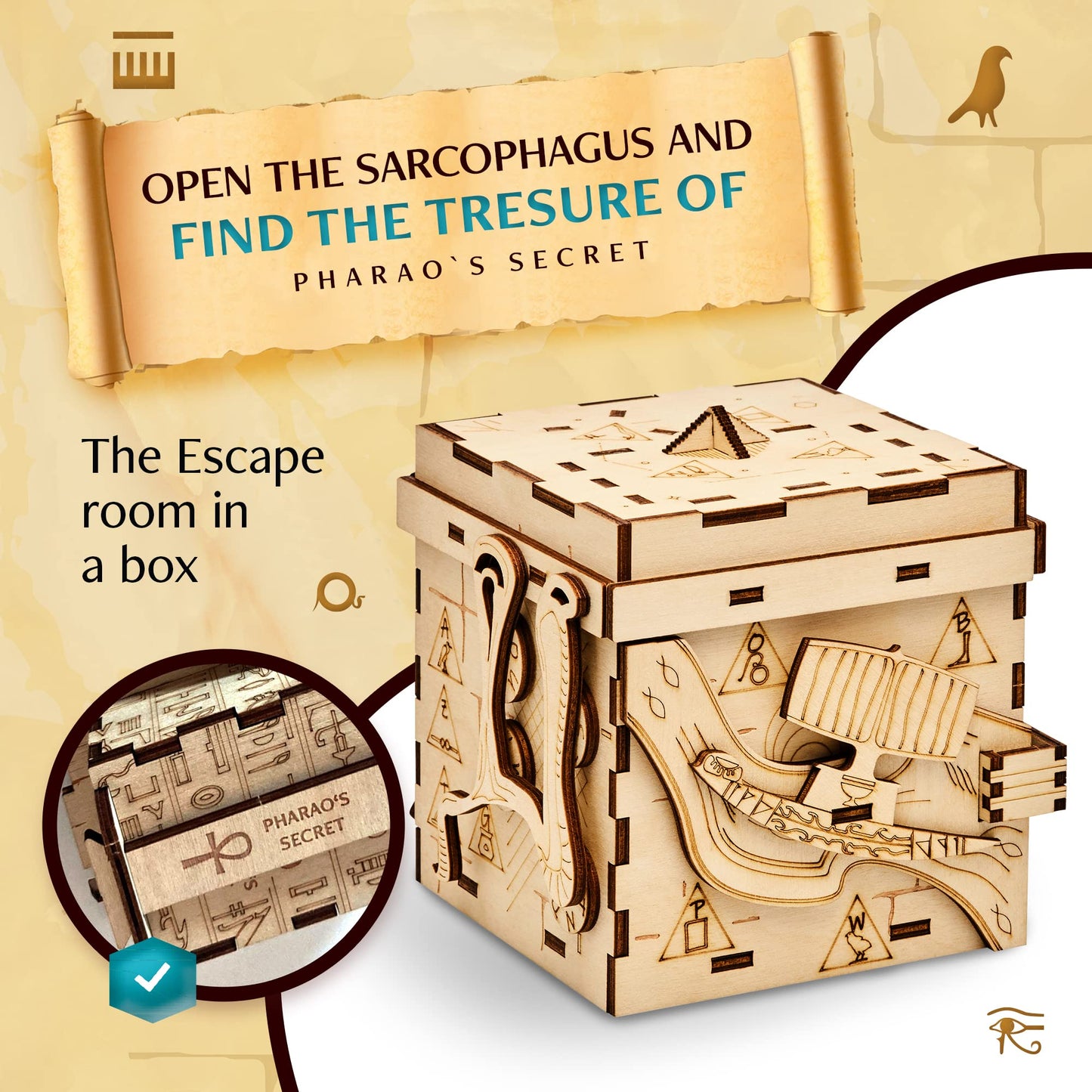 INSCAPE Pharaoh’s Secret Puzzle Box - Wooden Mind Puzzles for Adults - 11x11x10.5 cm - Cluebox with Hidden Compartments - Model INSCAPE-BOX-