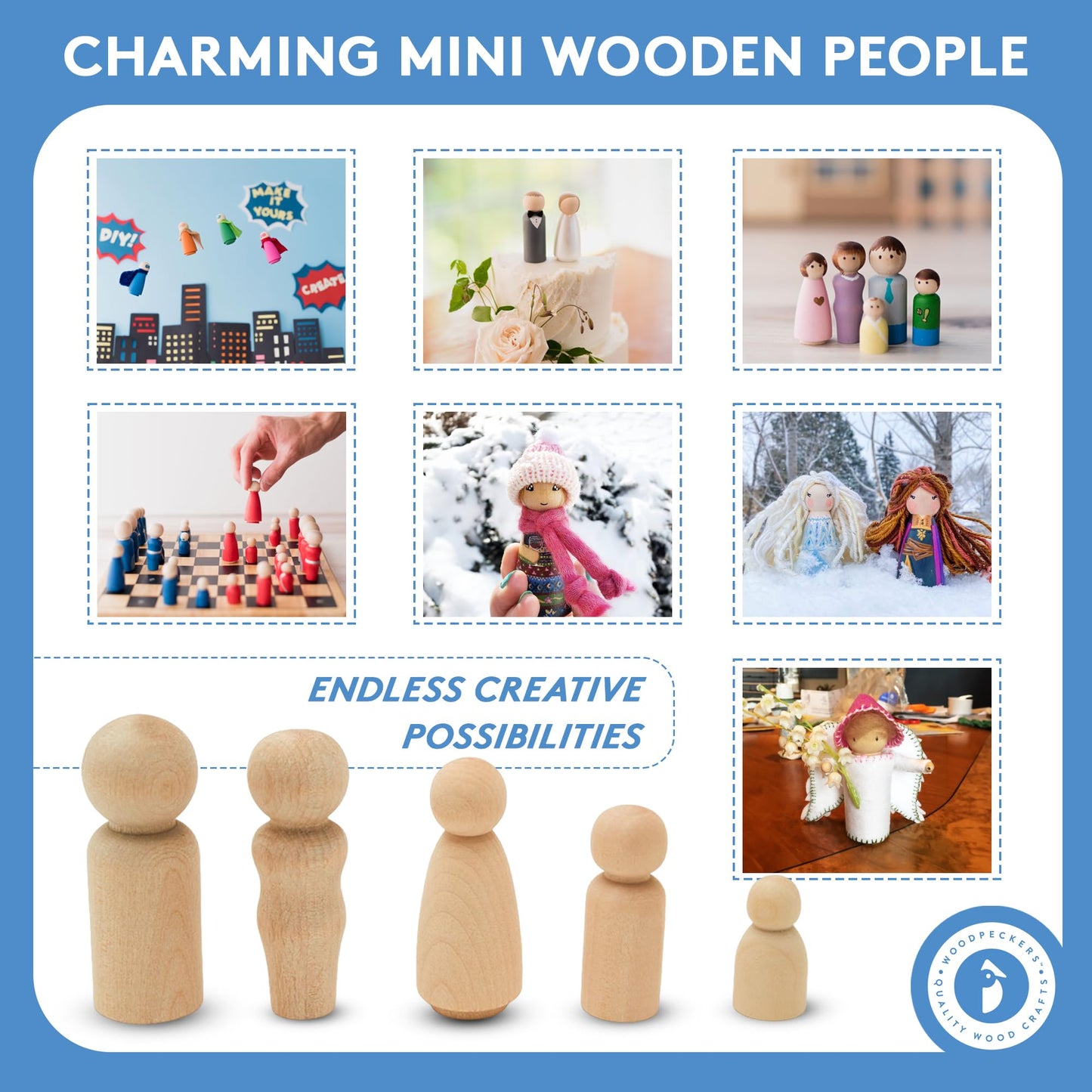 Woodpeckers Wood Peg Doll Set, 50 Piece Wood Peg Family (Toy Peg People: Dad, Mom, Angel, Child, Baby) Unfinished For Crafts & P