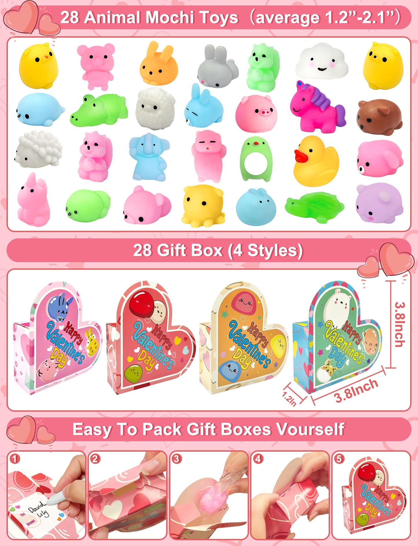 28 Pack Valentines Day Gifts Animals Mochi Squishies Toys With Heart Boxes Valentines Cards For Kids School Classroom Exchange S