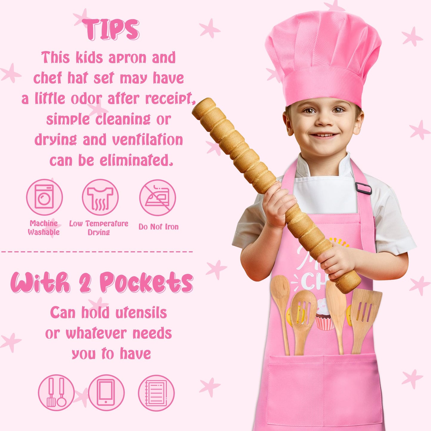 R HORSE Kid Apron and Chef Hat Set 2Pcs Adjustable Children Light Pink Kitchen Apron, Dress up Role Play Chef Toy Cooking Baking