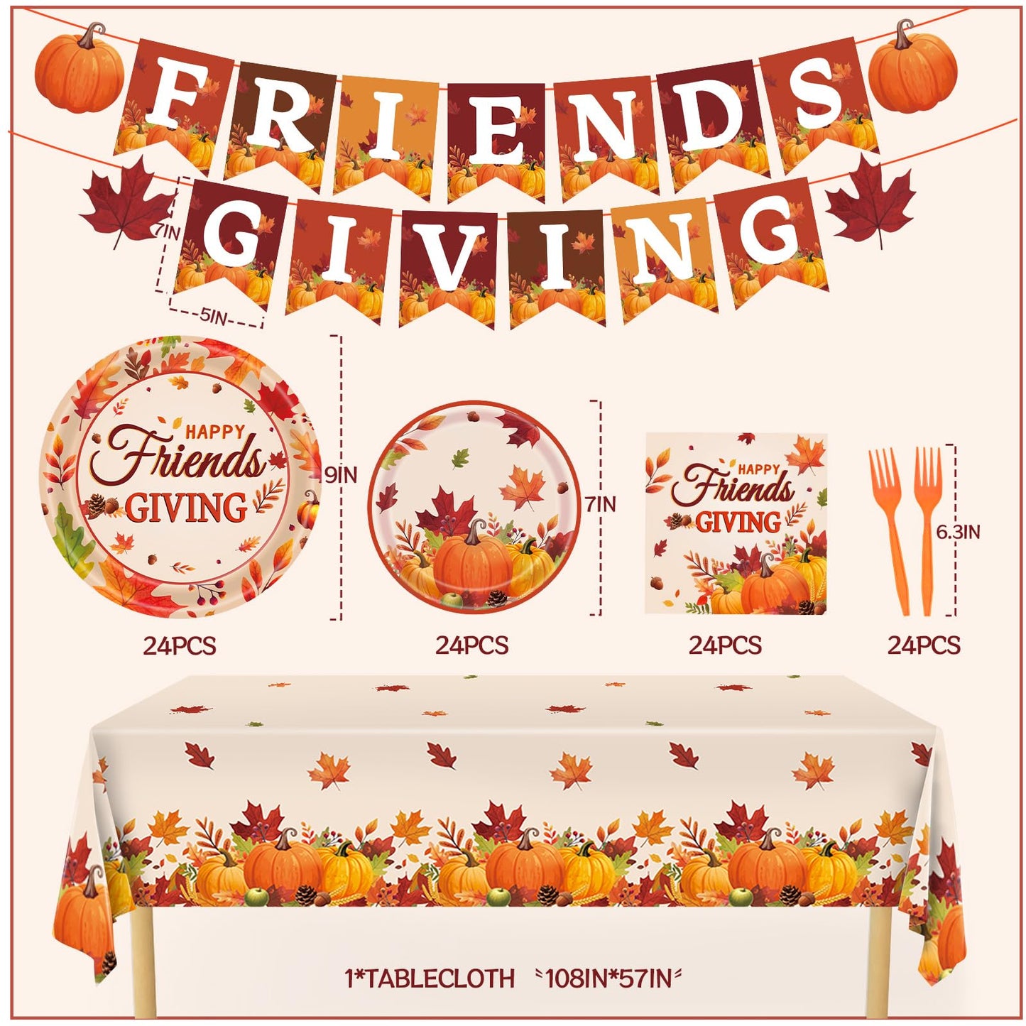 REDWORD Friendsgiving Plates, 98Pcs Friendsgiving Paper Plates-Serve 24 with Friends Giving Banner Fall Pumpkin Tablecloth Napki