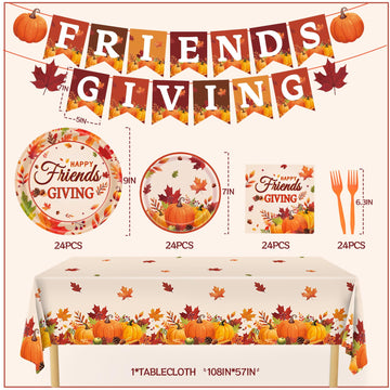 REDWORD Friendsgiving Plates, 98Pcs Friendsgiving Paper Plates-Serve 24 with Friends Giving Banner Fall Pumpkin Tablecloth Napki