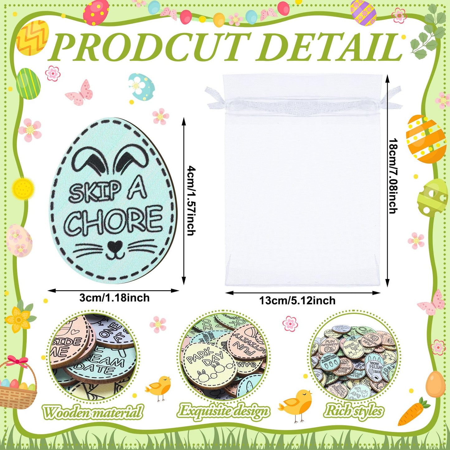 124 Pcs Easter Egg Tokens Set Includes 120 Pcs Wood Easter Reward Tokens with 20 Different Engraved Sayings 4 Pcs Organza Bags E