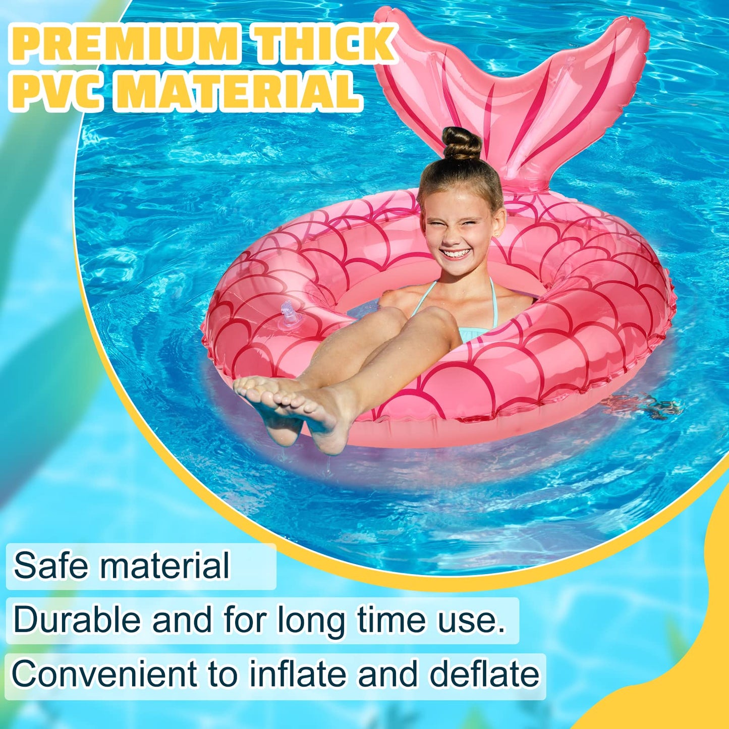 Junkin 6 Pcs Mermaid Tail Pool Floaties Inflatable Swim Float Mermaid Pool Ring 30 Inch Inflatable Ring Floatie Summer Beach Pool Float Tube for Kids mature-themed Outdoor Water Beach Pool Party Supplies