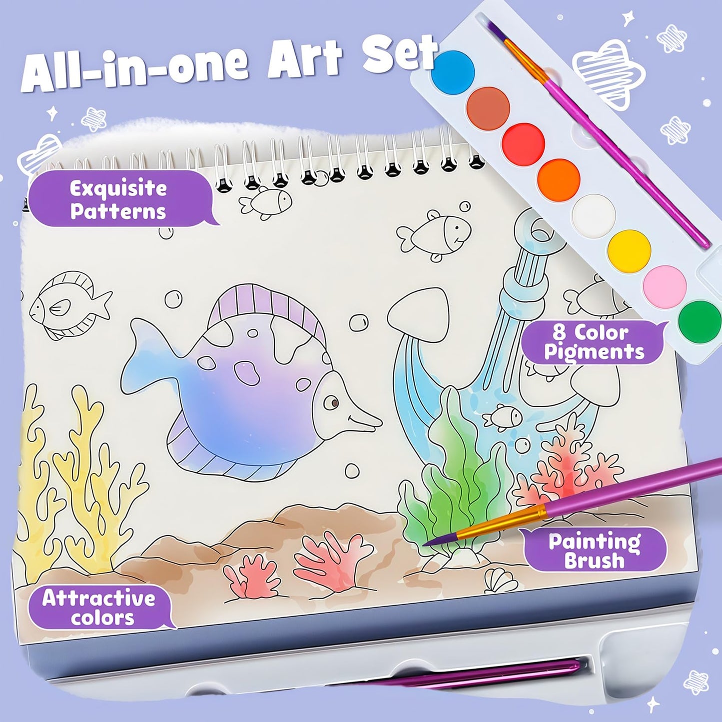 Mess Free Paint with Water Watercolor Book, Portable Spiral-Bound Painting Art Set Gifts for Kids, Travel Friendly