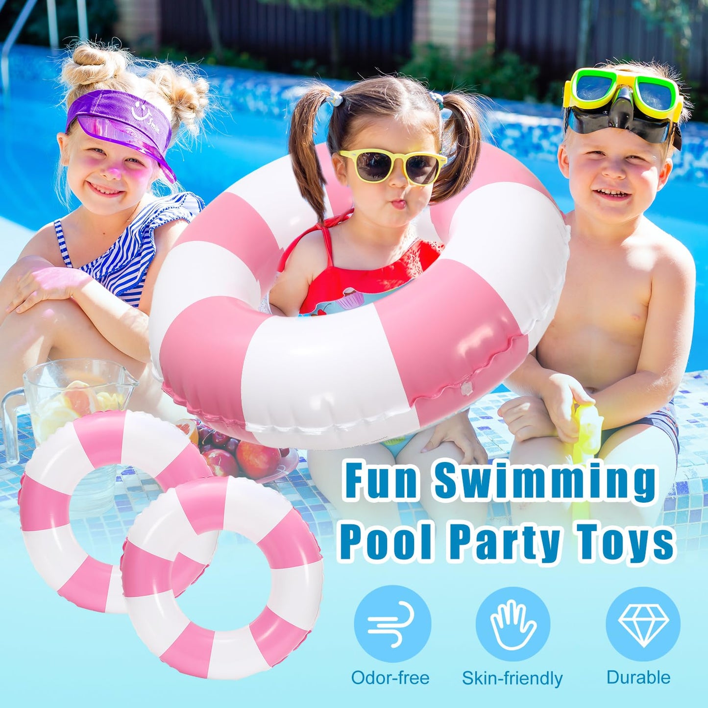 JarThenaAMCS Inflatable Swim Ring - 12Pcs Fun Print Pool Lounger, 22.8 Inch, Pink, PVC for Summer Beach Party