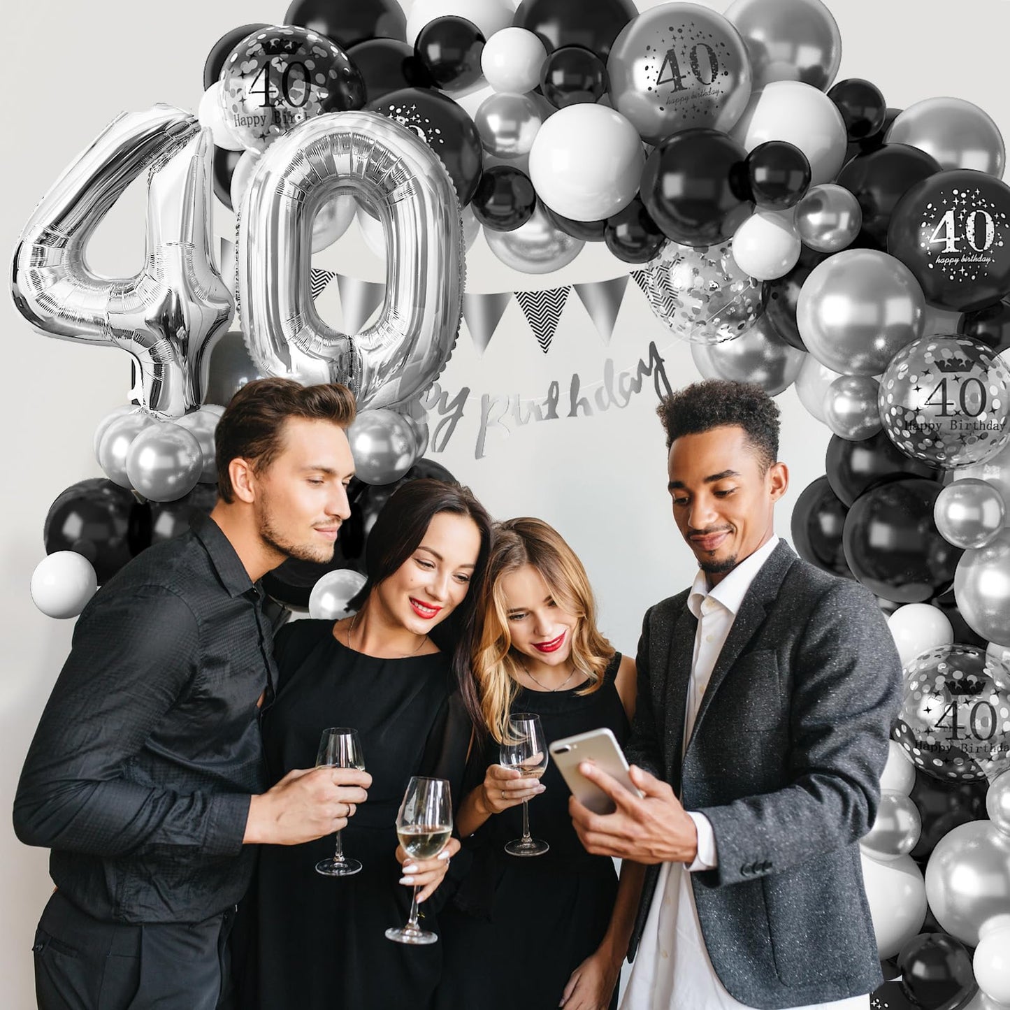 40Th Birthday Decorations Black Silver,40Th Birthday Balloon Garland Party Decorations With Number 40 Foil Balloons,Happy Birthd